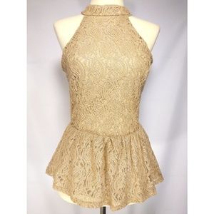 Cream lace print halter peplum blouse